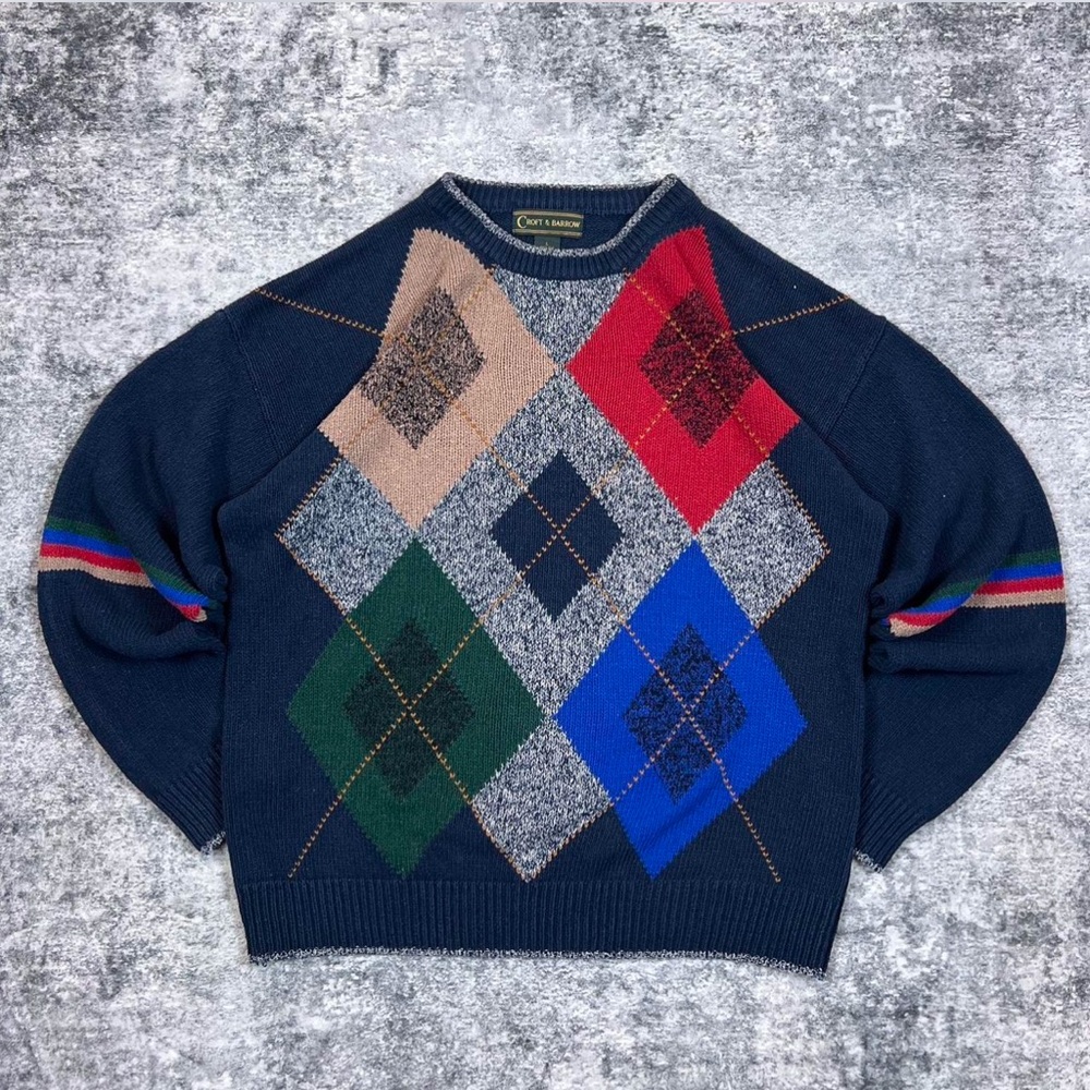 Vintage 90s Croft & Barrow Colorful Argyle Pattern Knit Sweater L